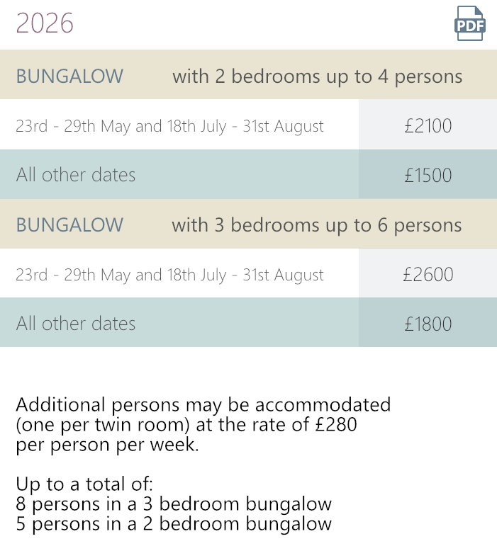 Self catering bungalow tariff.
